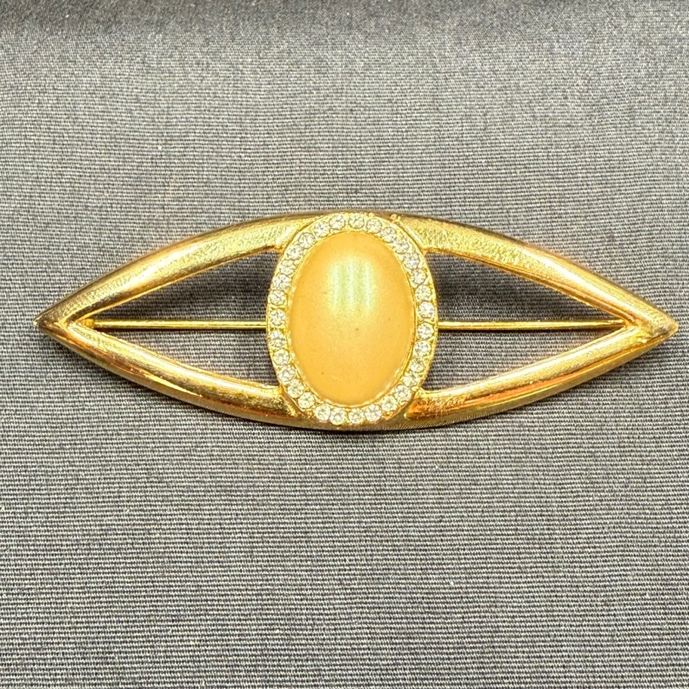 Vintage Gold Tone Eye Navette Bar Brooch Faux Pearl Glass Rhinestone Halo MOD